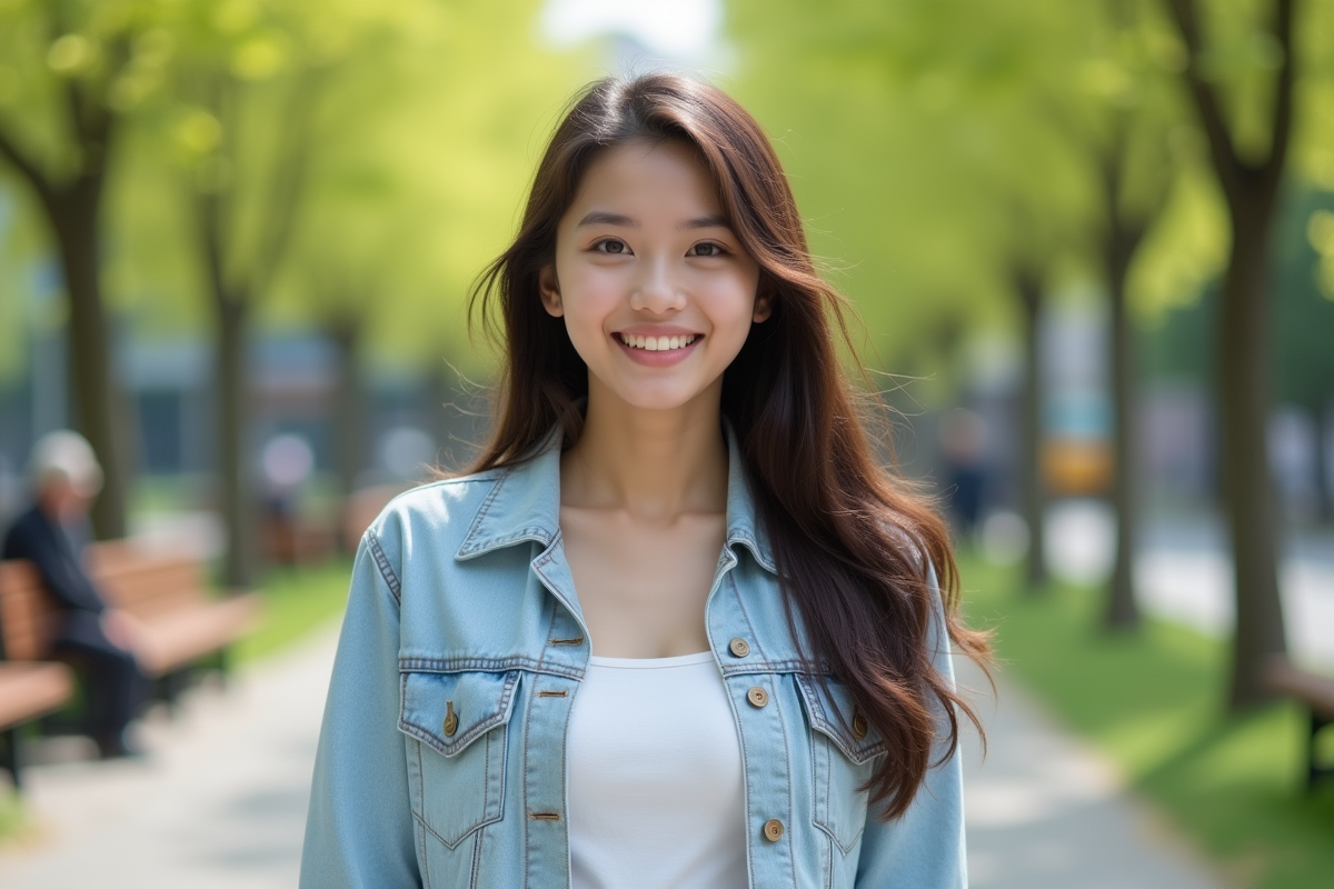 Jeune femme souriante dans un parc urbain