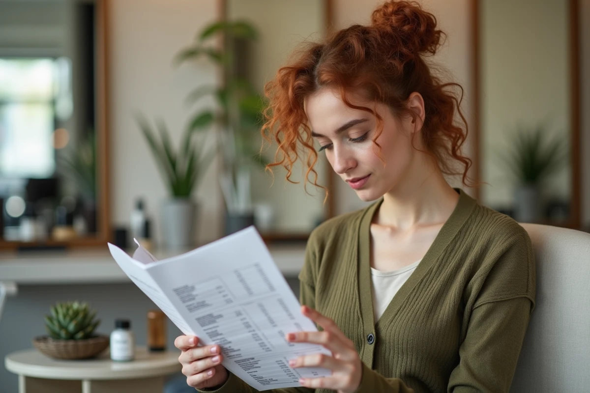 Jeune femme lisant la brochure tarifaire dans la salle d'attente du salon Pilou Givors