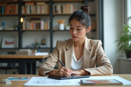 Jeune femme en tailleur beige esquissant sur tablette