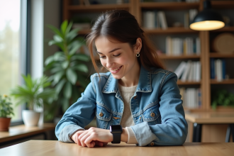 Jeune femme avec smartwatch dans un bureau lumineux