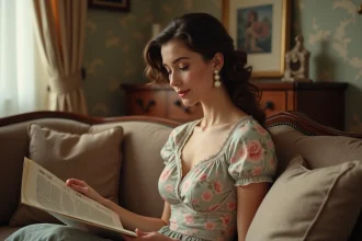 Jeune femme en robe vintage florale dans un salon rétro