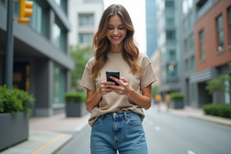 Femme en jeans vintage dans une ville moderne
