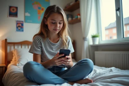 Jeune fille fran&ccedil;aise assise sur son lit en r&eacute;fl&eacute;chissant