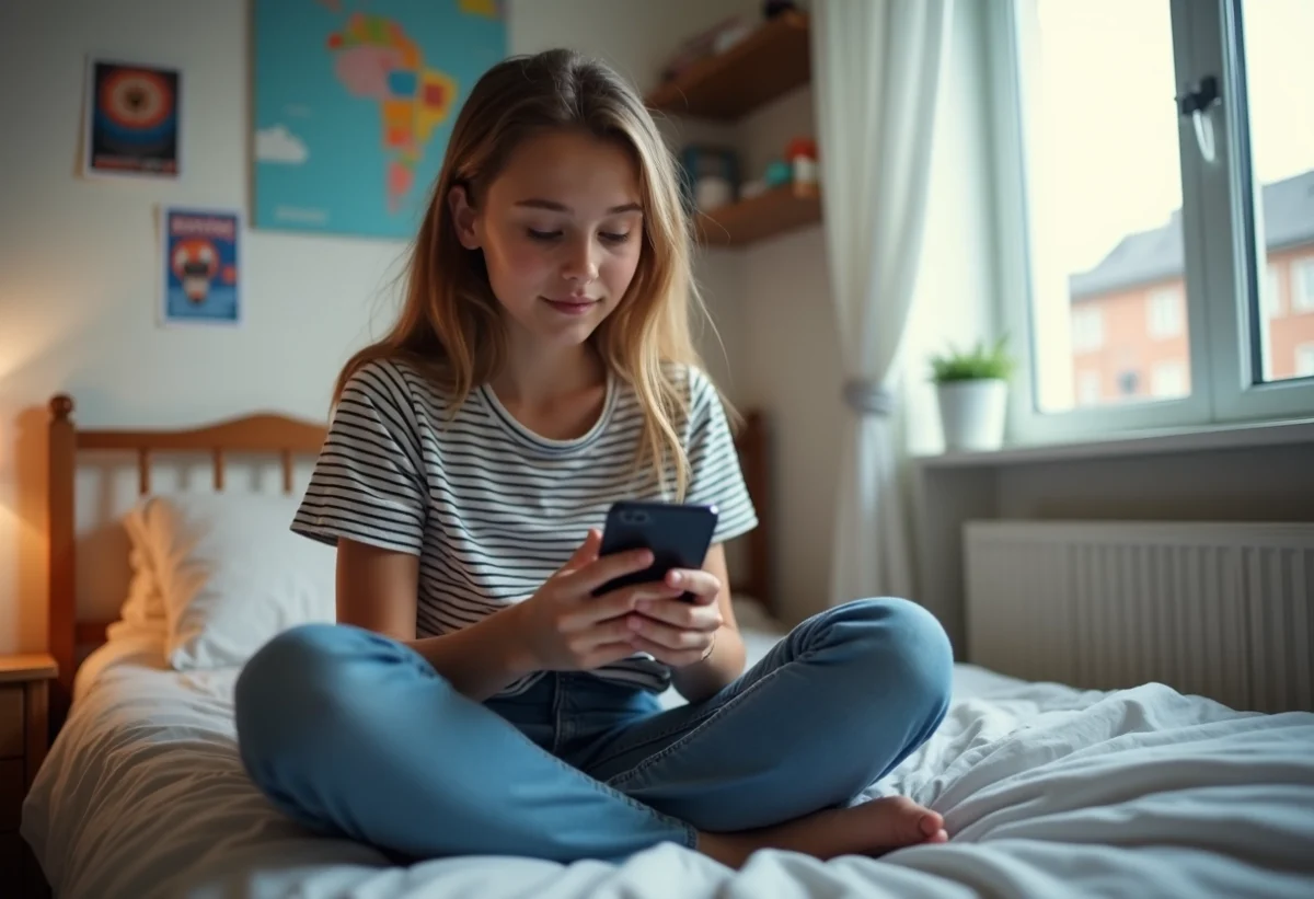 Jeune fille française assise sur son lit en réfléchissant