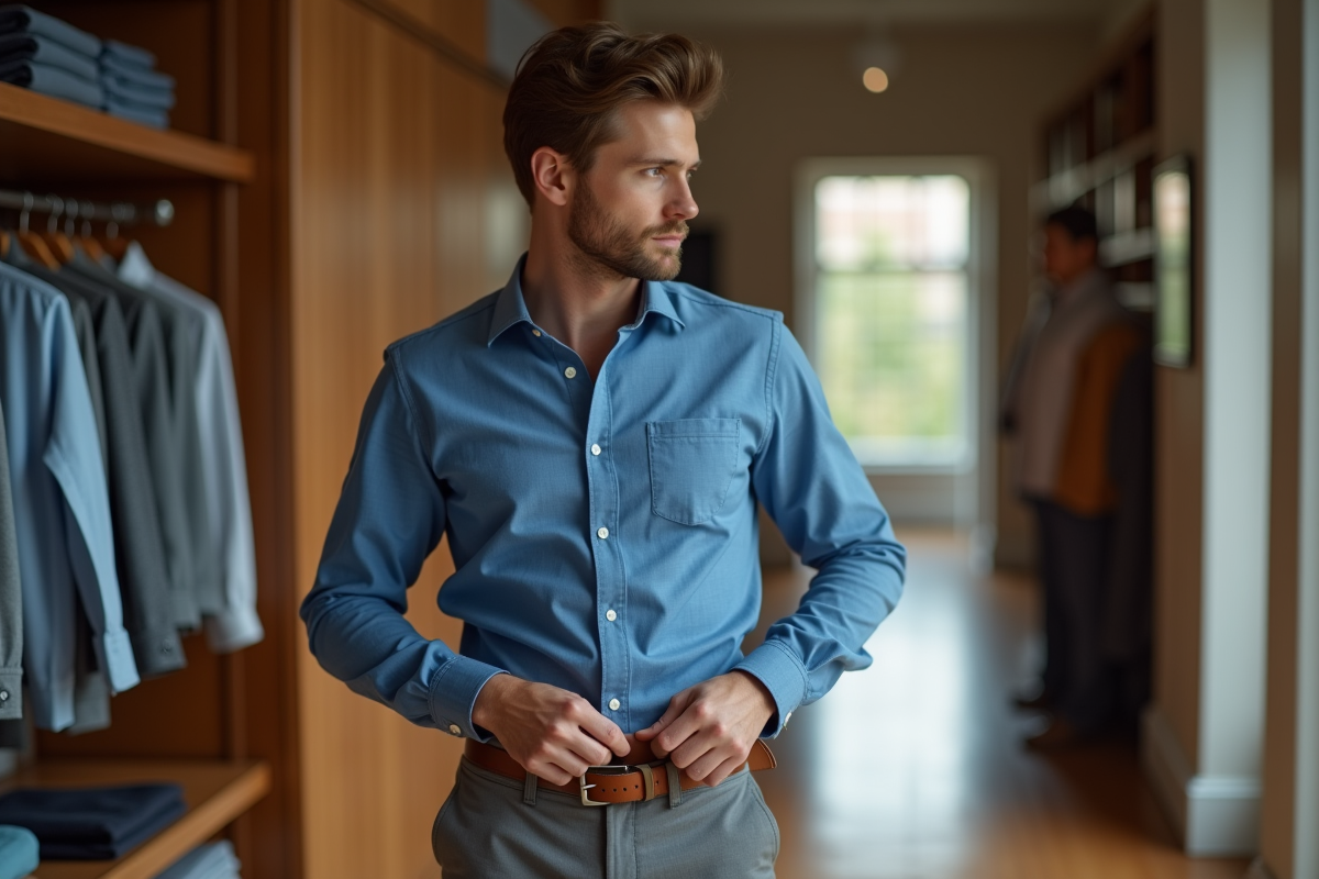 Jeune homme en chemise bleue ajustant sa ceinture marron