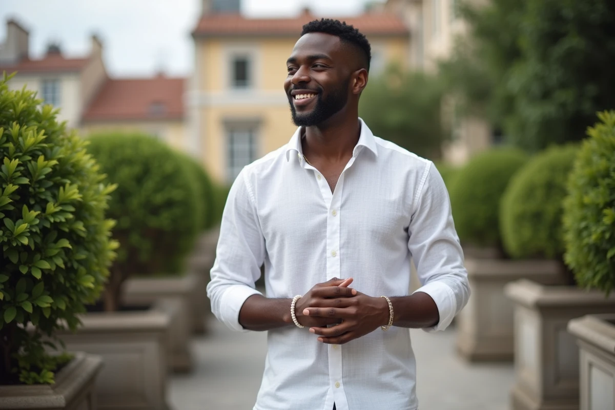 Jeune homme noir ajuste bracelet en perle en terrasse urbaine