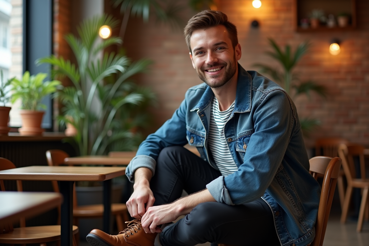 Jeune homme en denim et t-shirt à la café