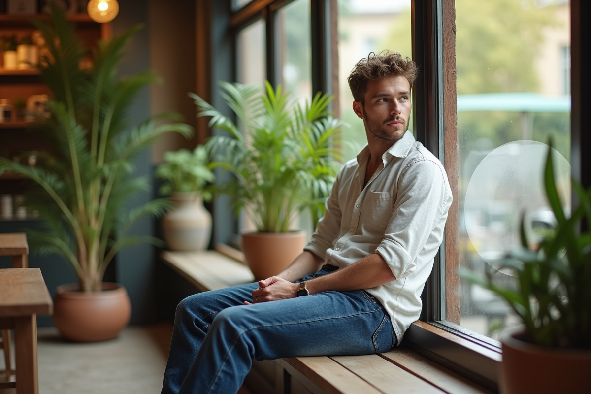 Homme en denim dans un café lumineux intérieur