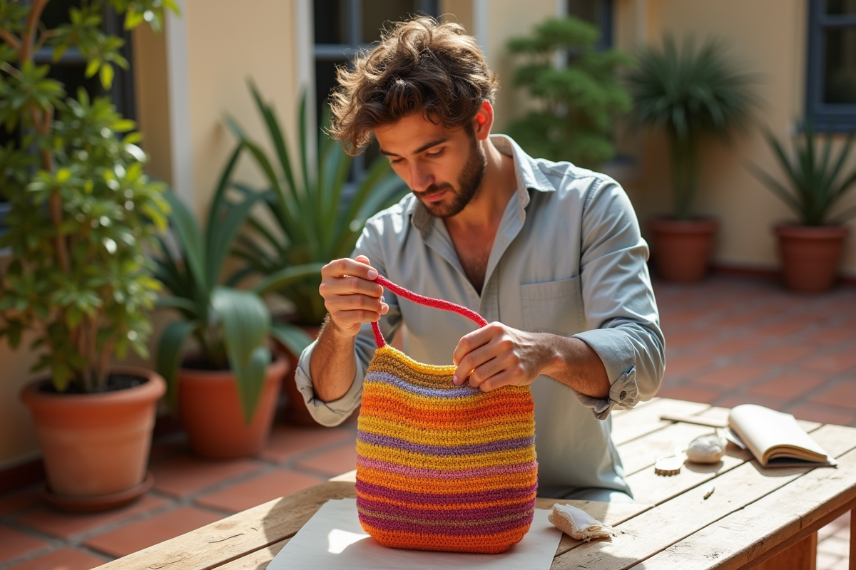 Jeune homme montrant la doublure d’un sac crochet en extérieur