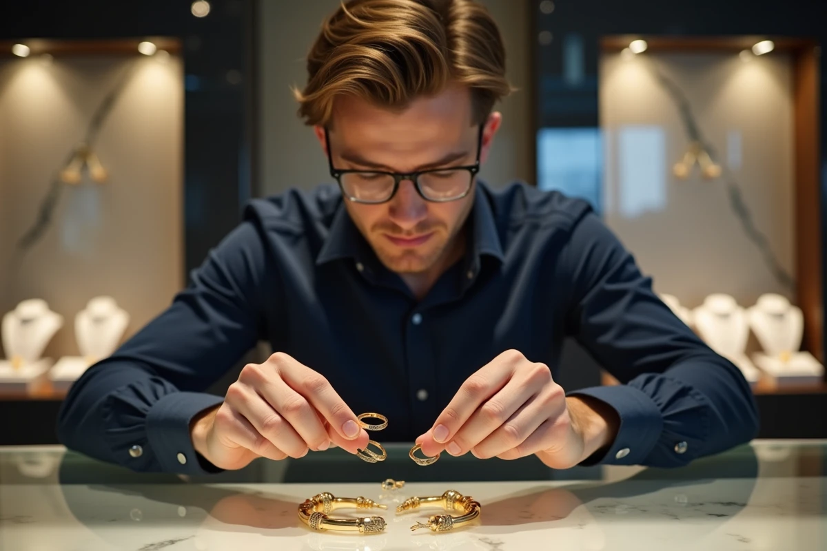 Jeune homme inspectant des bracelets en bijouterie moderne
