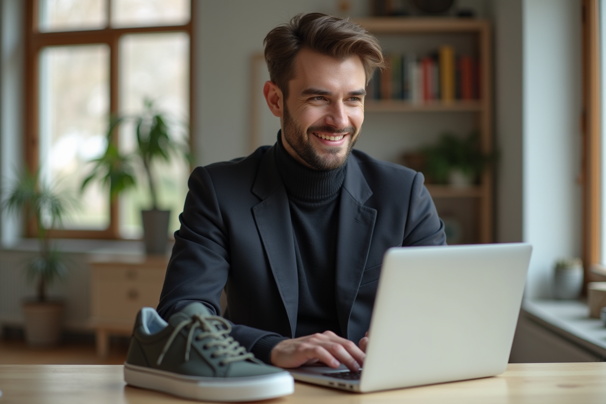 Homme au bureau avec sneakers preloves