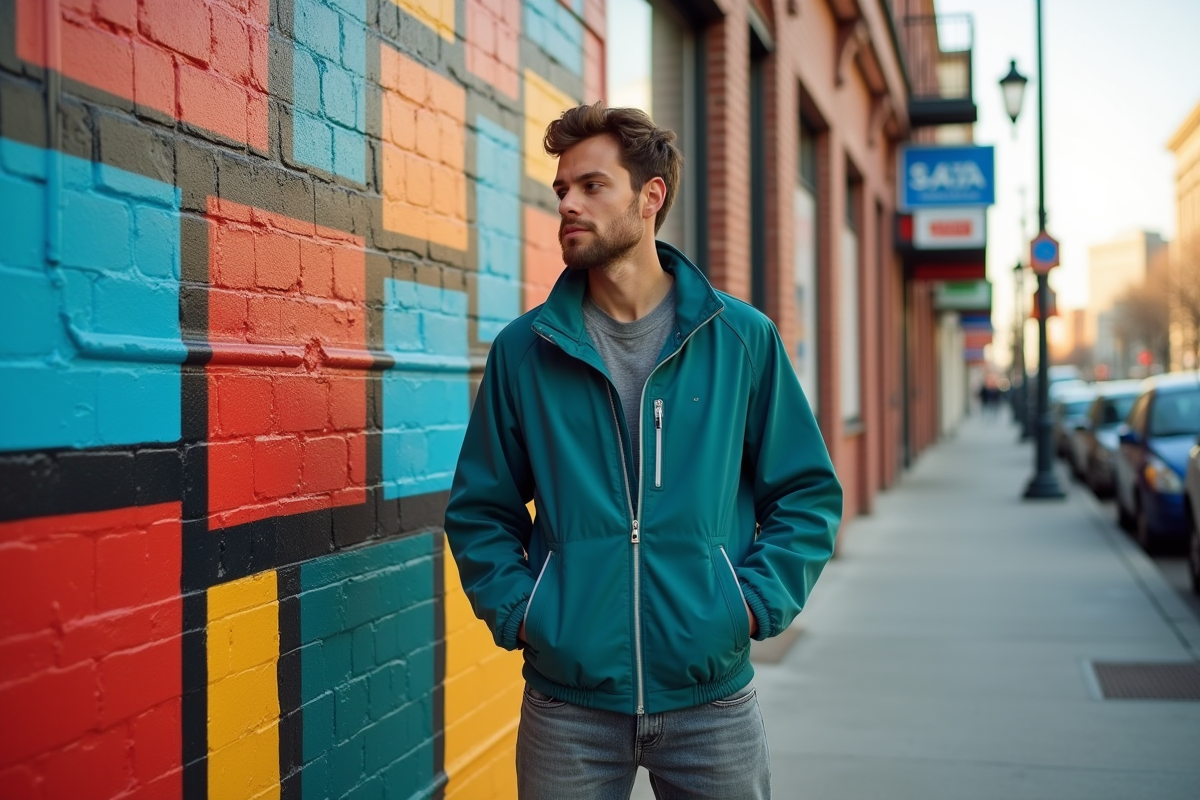 Jeune homme créatif devant un mural coloré en ville
