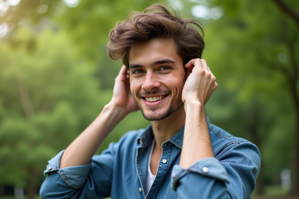 Jeune homme aux cheveux texturés dans un parc