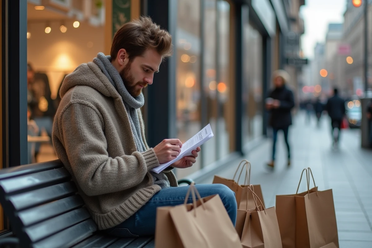 Jeune homme avec sacs et re&ccedil;us devant un centre commercial