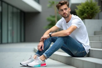 Jeune homme en ville avec sneakers colorés et style décontracté