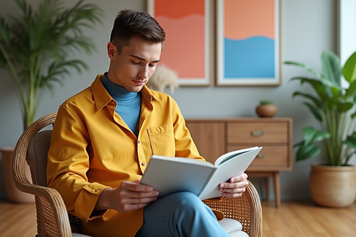 Jeune homme dans un studio avec magazine de mode et couleurs tendance