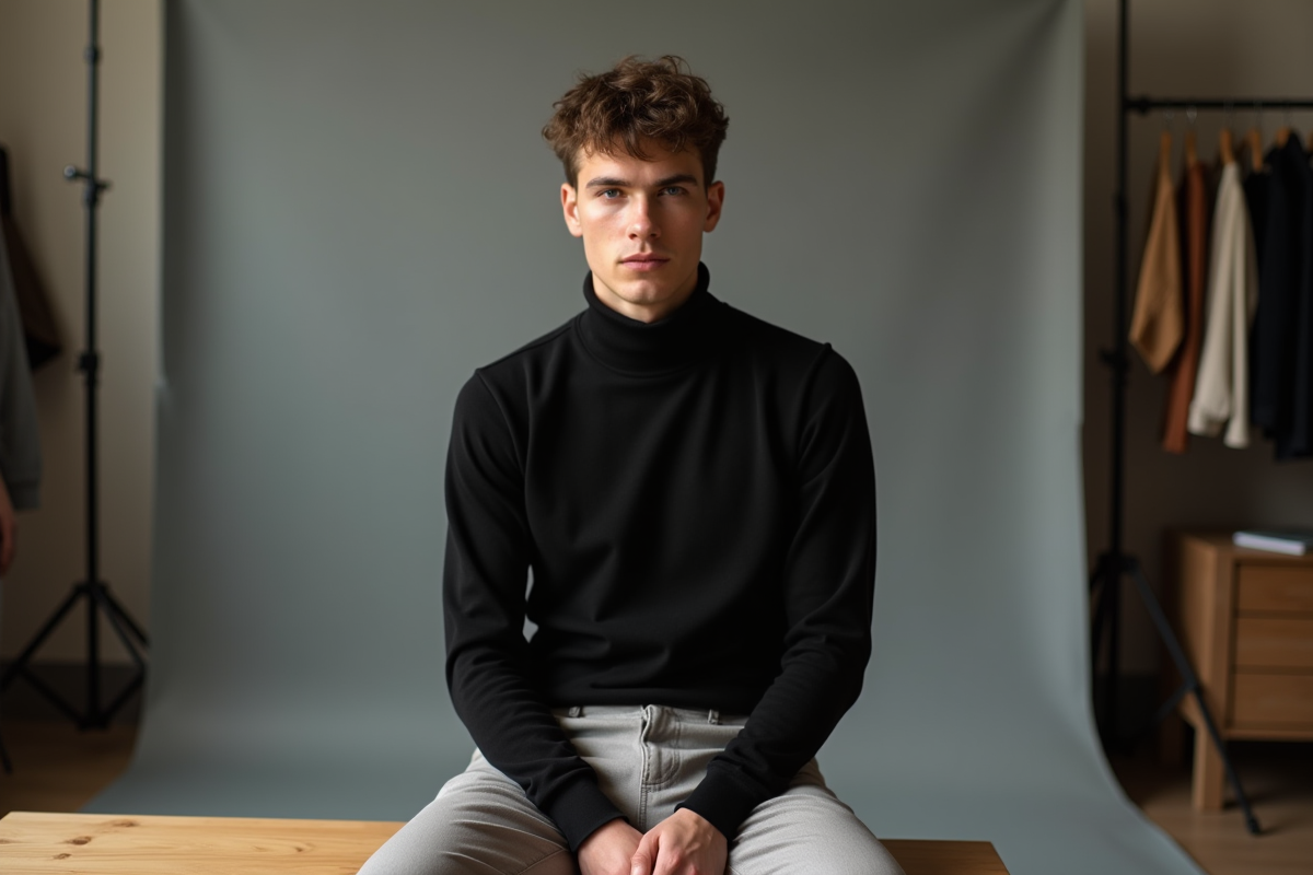 Jeune homme sérieux en studio avec vêtements neutres