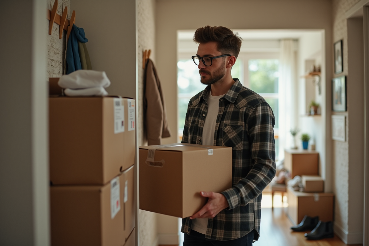 Jeune homme regardant un colis dans l