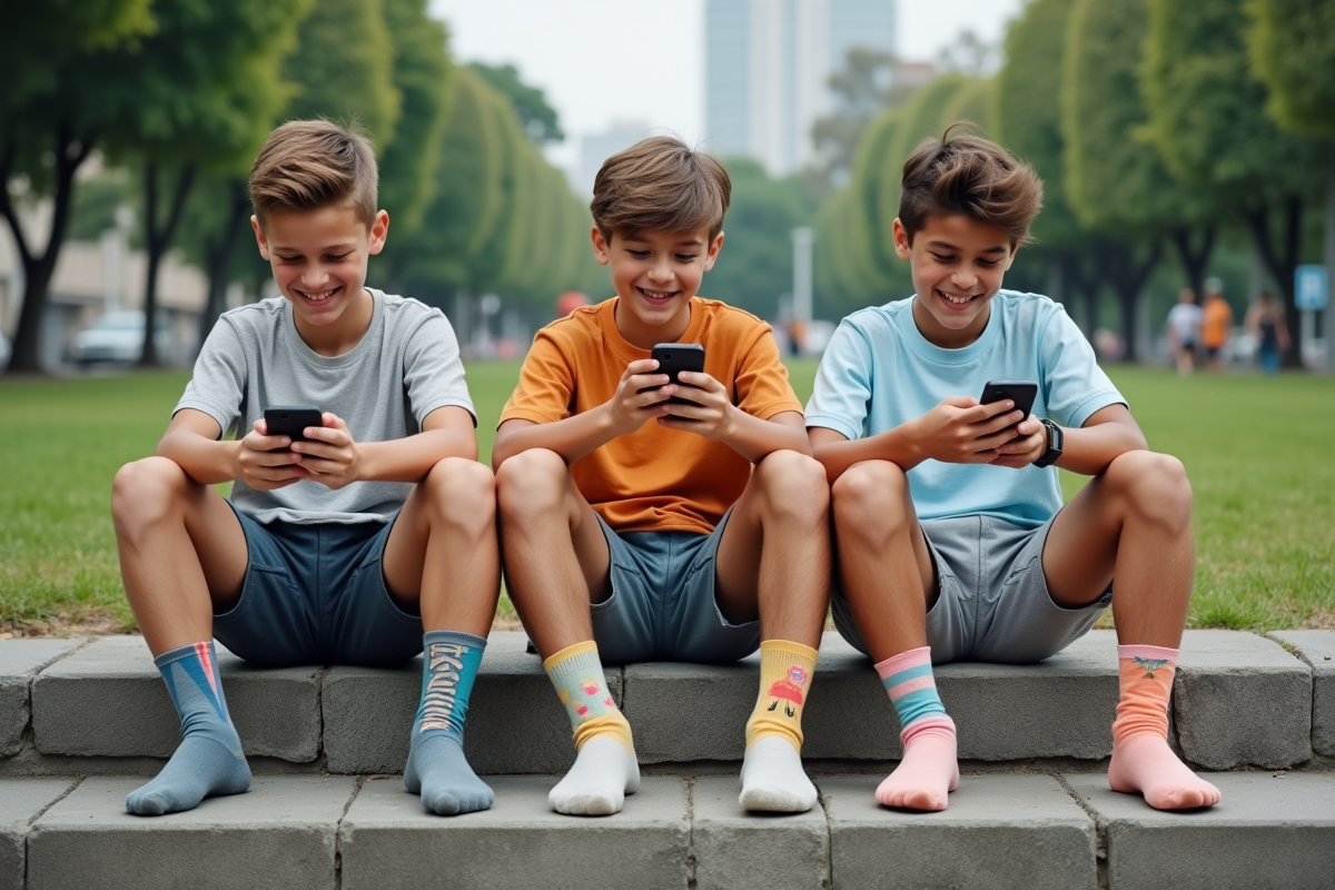 Trois adolescents en chaussettes tendance sur des marches de parc