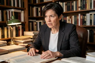 Journaliste et intellectuelle française assise à son bureau encombré de livres, adoptant une posture déterminée évocatrice d'un débat éditorial engagé