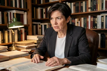 Journaliste et intellectuelle française assise à son bureau encombré de livres, adoptant une posture déterminée évocatrice d'un débat éditorial engagé