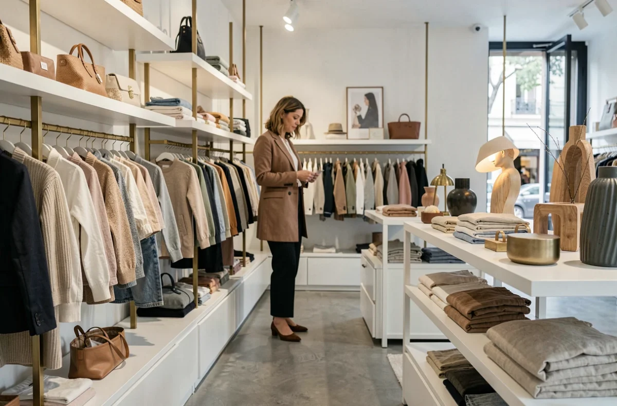 L'intérieur élégant du concept store famille Le Petit Drugstore à Neuilly-sur-Seine avec des vêtements enfants premium