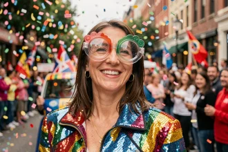 Femme adulte portant des lunettes cul de bouteille géantes lors d'un carnaval festif en plein air