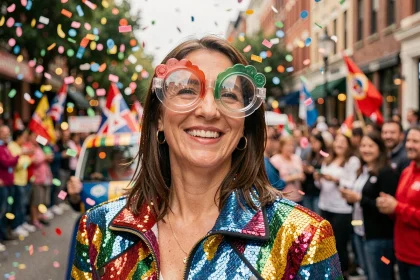 Femme adulte portant des lunettes cul de bouteille géantes lors d'un carnaval festif en plein air
