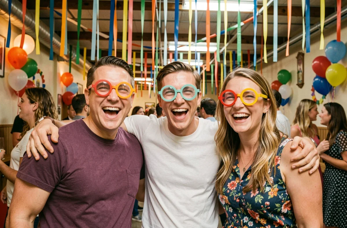 Groupe d'amis adultes portant des lunettes cul de bouteille lors d'une fête de carnaval en intérieur