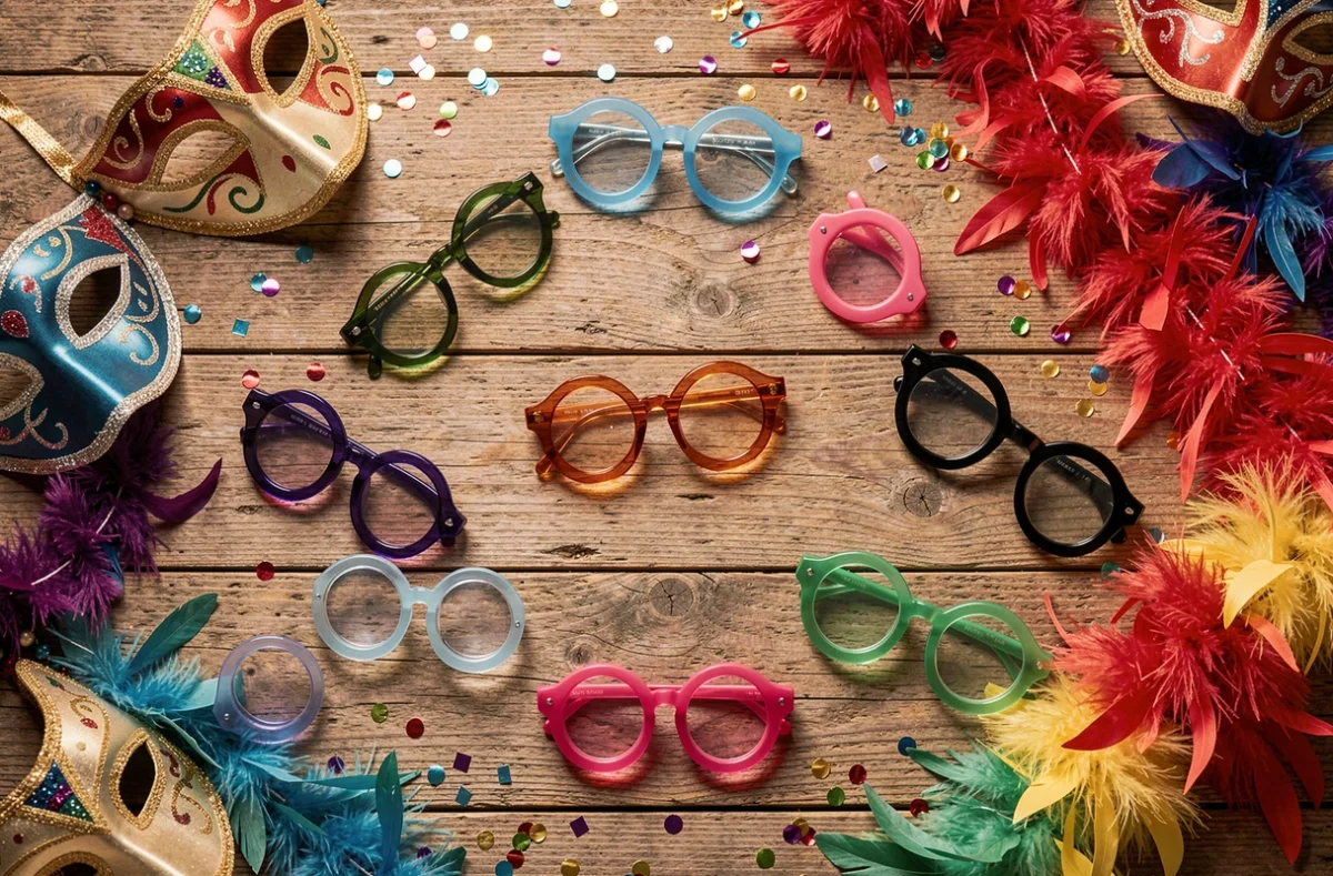 Assortiment de lunettes cul de bouteille colorées pour carnaval disposées en flat lay sur table en bois