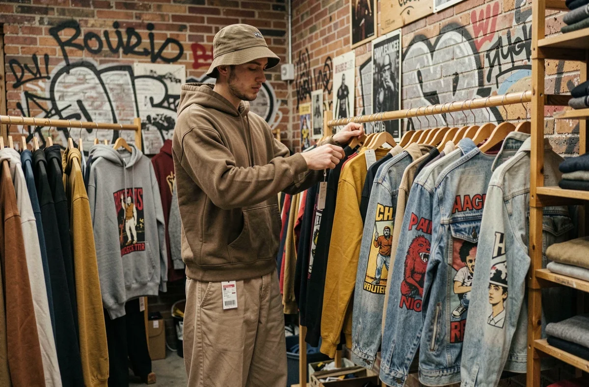 Boutique Mad Vintage à Rouen avec des vêtements streetwear et mode vintage des années 90 sur des portants en bois
