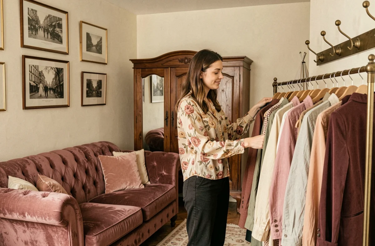 Boutique-appartement Maison Blondie à Rouen décorée comme un intérieur vintage avec vêtements et mobilier rétro