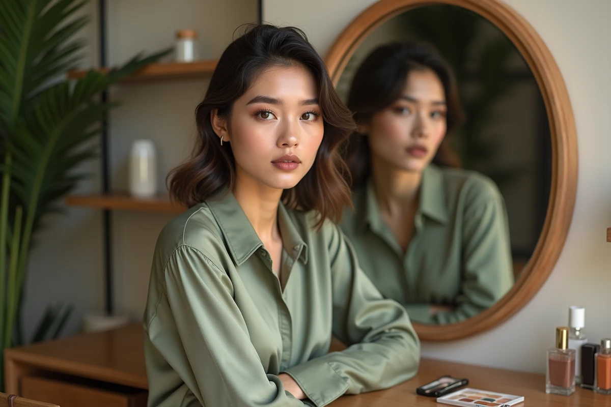 Jeune femme en blouse vert sauge harmonisant son maquillage yeux et lèvres avec sa tenue, tendances 2026