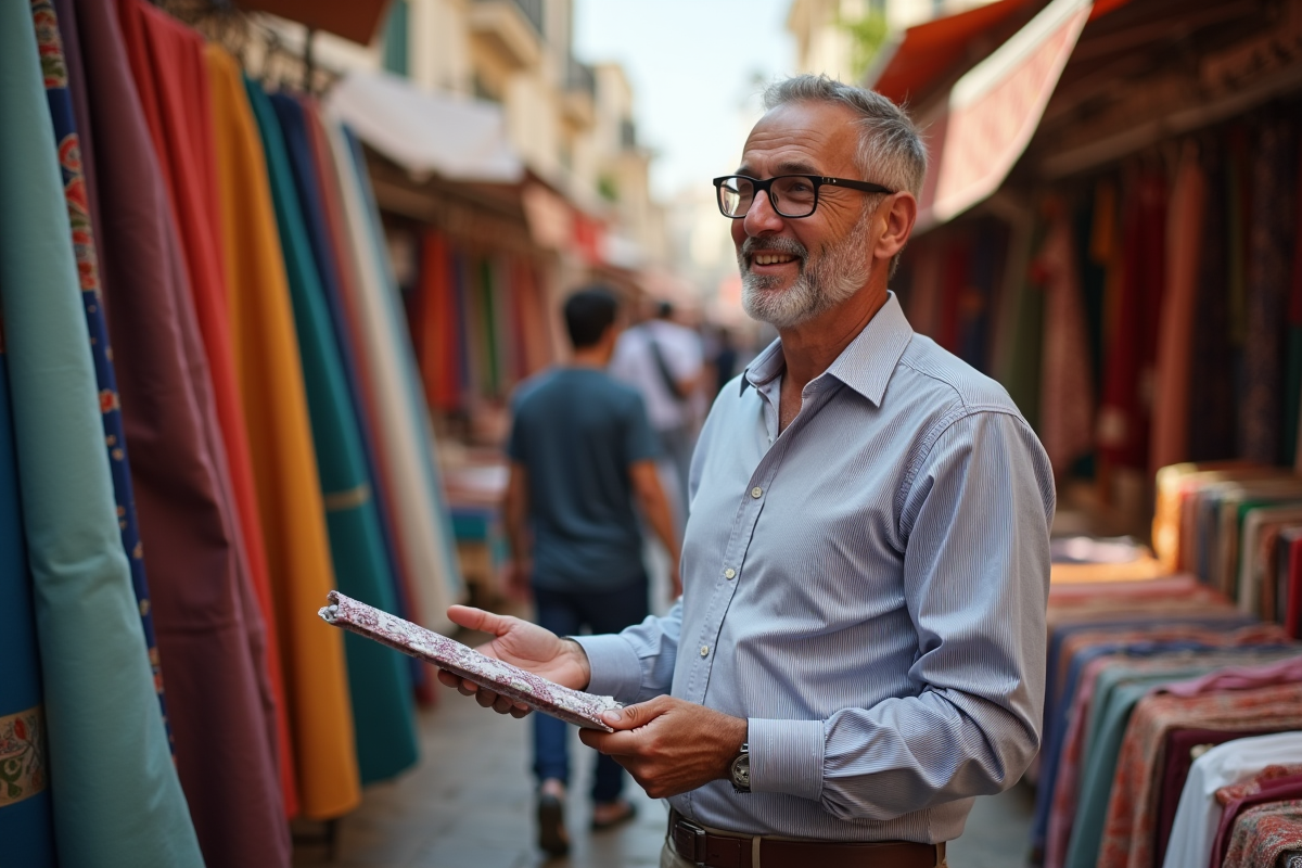 Homme discutant avec un fournisseur de tissus en marché extérieur