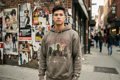 Jeune homme portant un hoodie de marque de quartier dans une rue urbaine aux murs de brique anciens