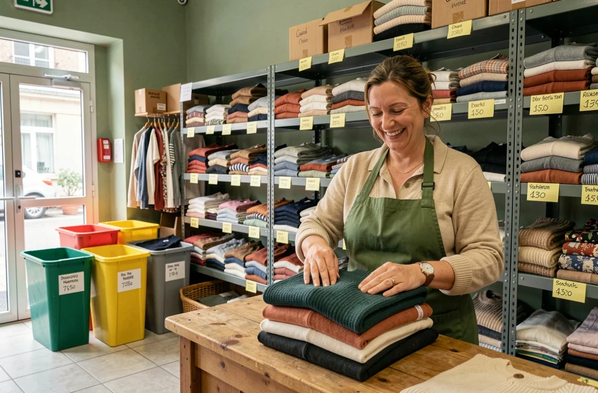 Bénévole souriante dans la friperie solidaire Mary Frip à Caen, entourée de vêtements de seconde main organisés