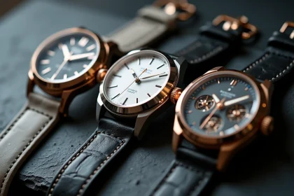 Trois montres de luxe de différentes origines côte à côte sur une surface en ardoise, comparaison horlogerie suisse japonaise allemande
