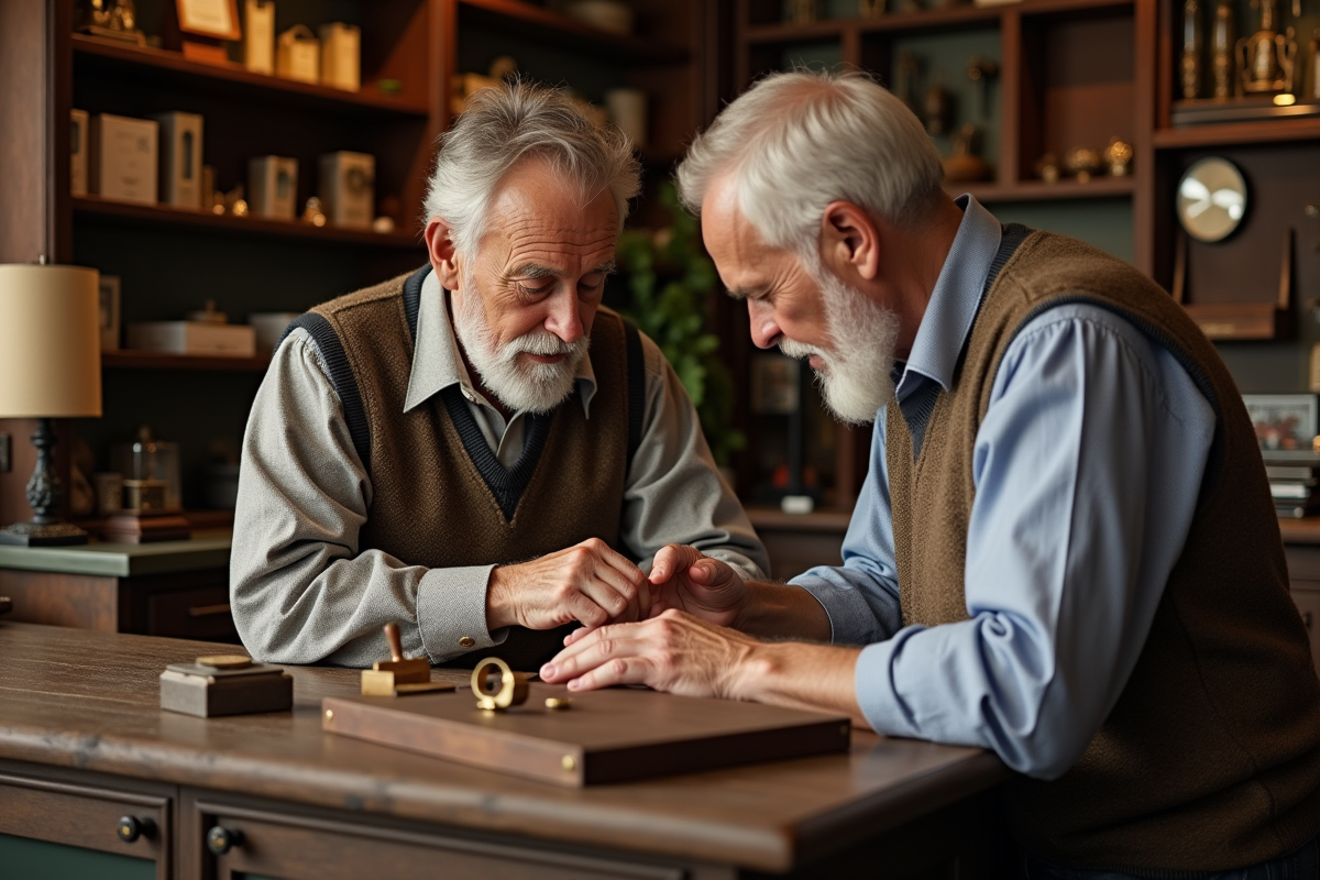 Orfèvre homme mesurant un doigt avec un gabarit en bois