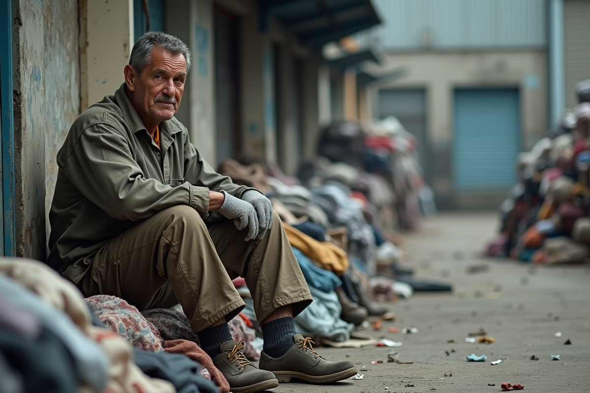 Ouvrier textile assis près de vêtements usés en extérieur