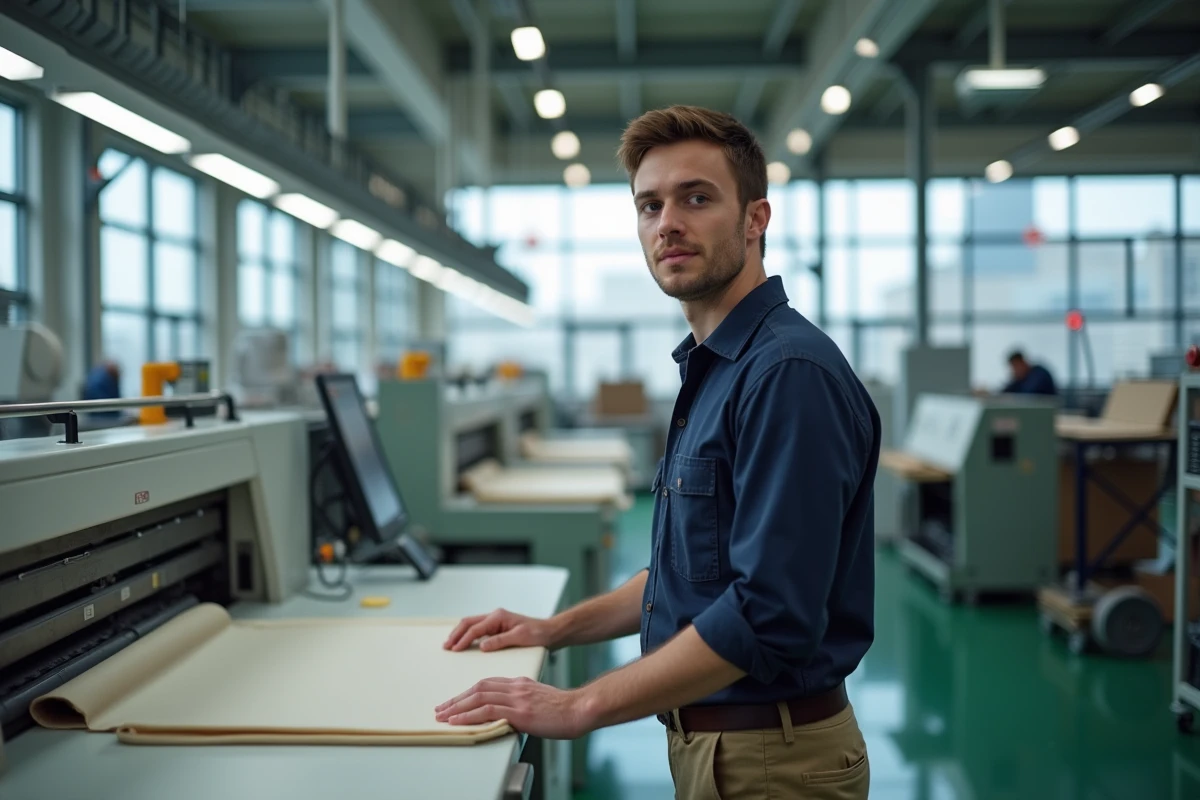 Jeune ouvrier surveillant une machine à tissu moderne