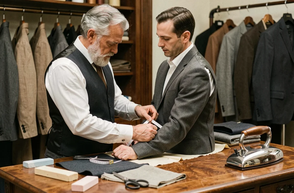 Tailleur mesurant la manche d'un veston sur mesure dans l'atelier Périssinotto à Toulouse