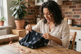 Femme découvrant des boxers personnalisés avec monogramme brodé, déballant un cadeau personnalisé à une table en bois rustique dans un appartement cosy