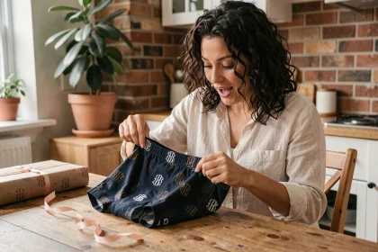 Femme découvrant des boxers personnalisés avec monogramme brodé, déballant un cadeau personnalisé à une table en bois rustique dans un appartement cosy