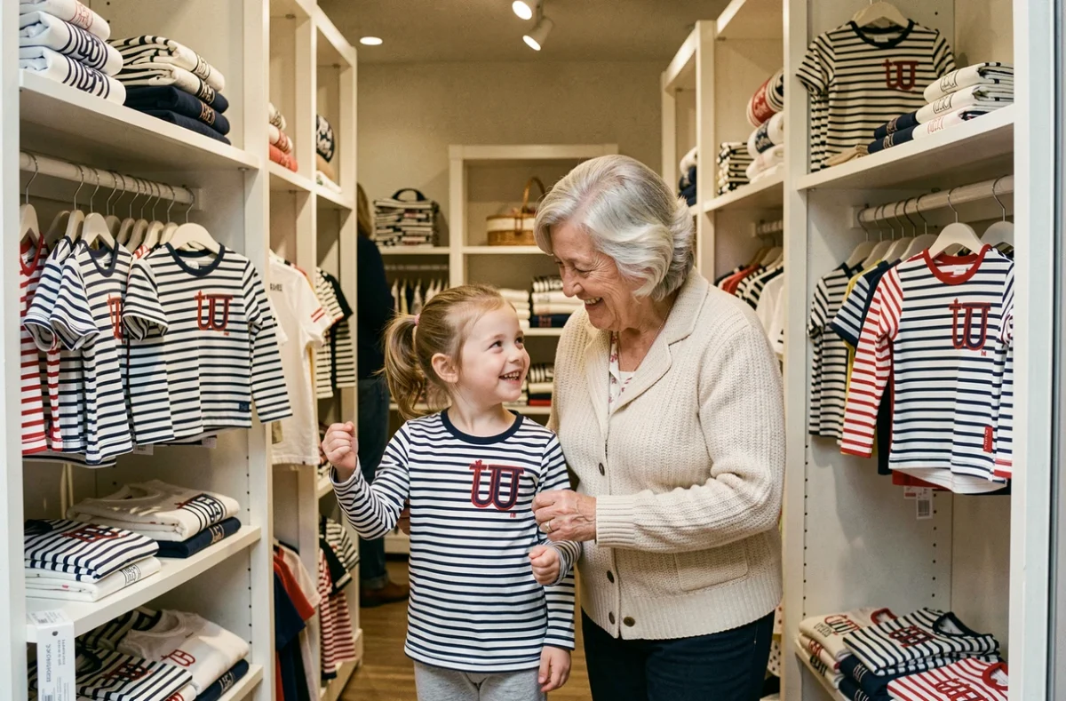 Une grand-mère et sa petite-fille dans la boutique Petit Bateau au Chesnay-Rocquencourt découvrant les marinières