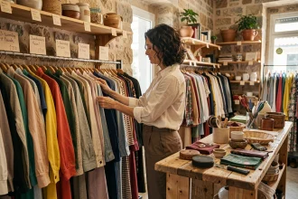 Femme faisant ses achats dans une petite boutique de vêtements indépendante à Marseille aux murs en pierre apparente