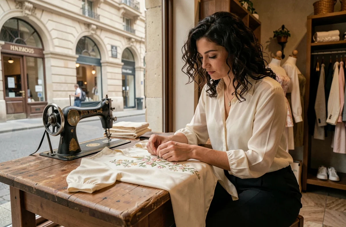 Couturière cousant à la main une chemise en soie dans la boutique Pique et Coud à Nîmes