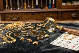 Collection de bijoux en or 18, 14 et 9 carats avec poinçons visibles sur un établi de bijoutier