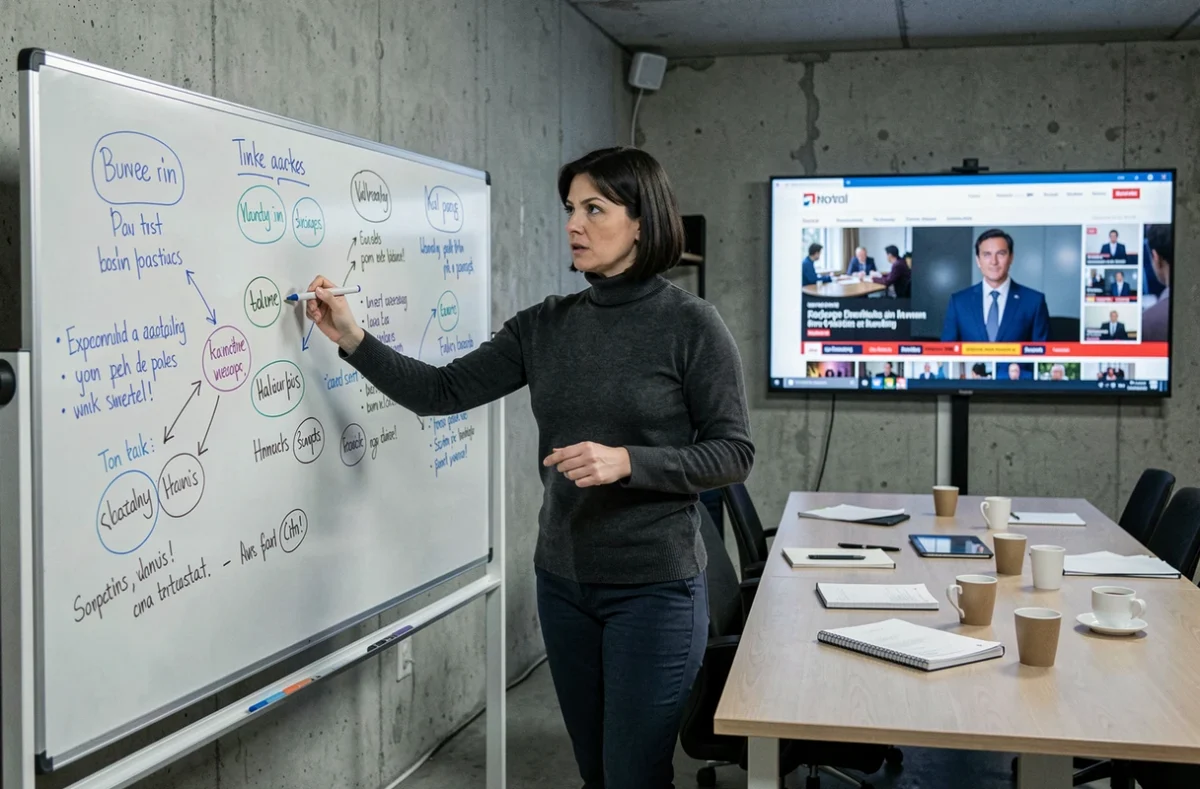 Femme journaliste debout devant un tableau blanc rempli de notes dans une salle de rédaction épurée, illustrant une prise de position éditoriale forte