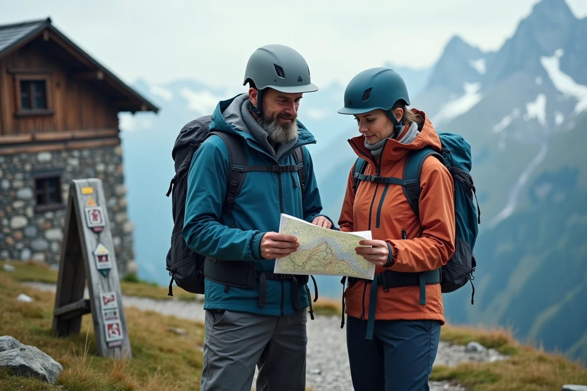 Deux randonneurs en tenues de montagne superposées consultant une carte près d'un refuge alpin avec panorama de sommets enneigés