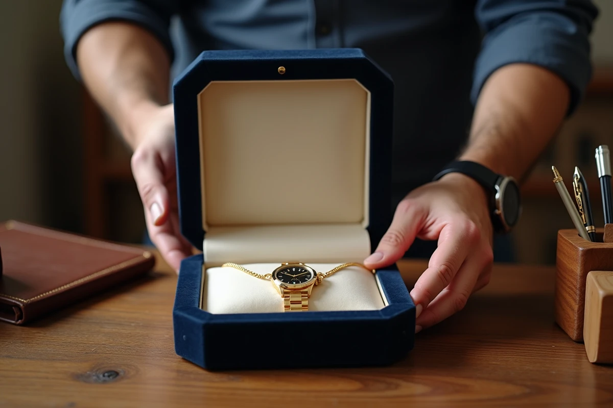 Homme rangeant une montre et un collier en or plaqué 18 carats dans un écrin en velours pour les conserver